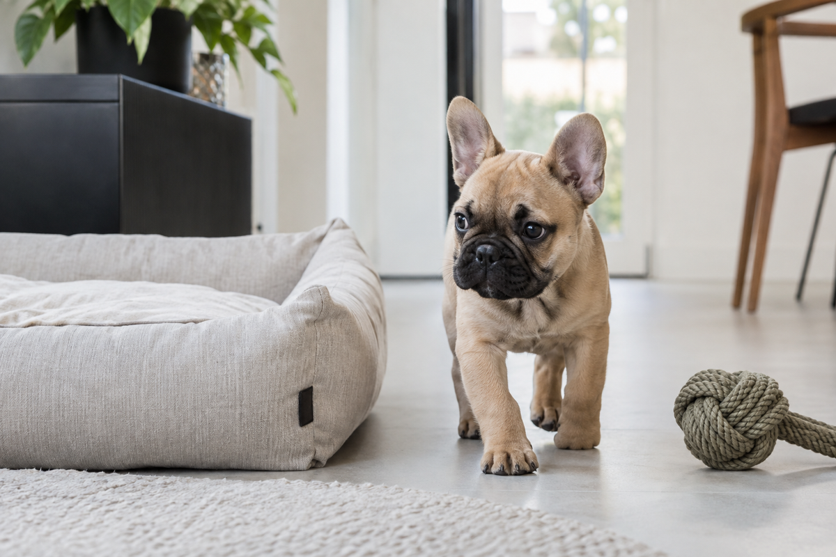 Franse Bulldog-pup naast een hondenmand en speeltje in huis