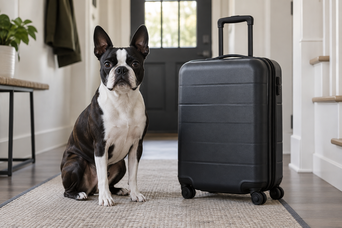 Boston Terrier naast een gesloten reiskoffer in een lichte hal