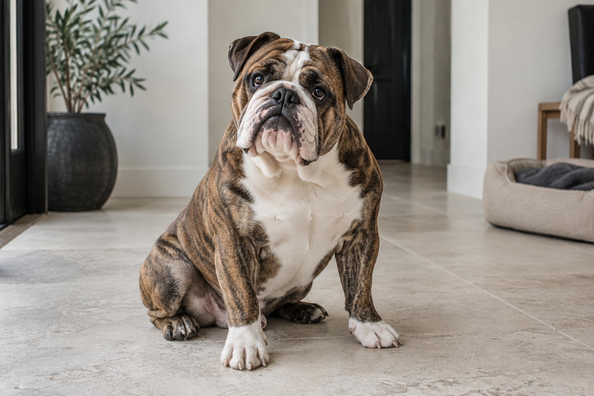 Gestroomde Engelse Bulldog in een lichte woonkamer