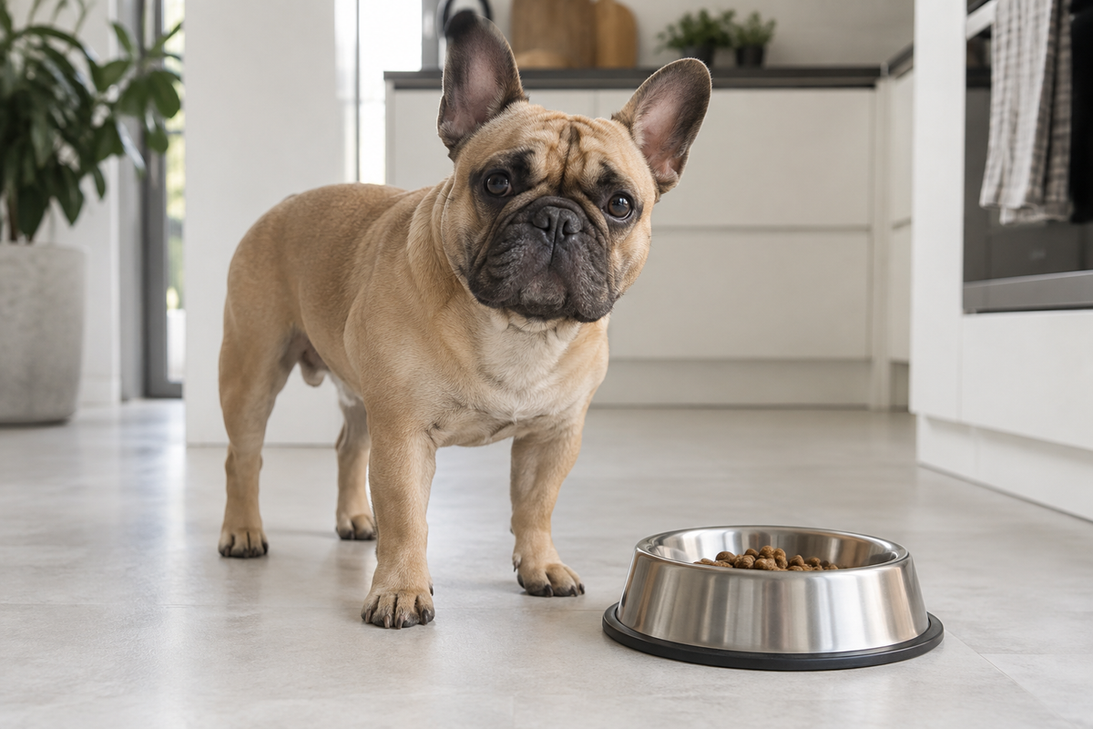 Franse Bulldog naast een voerbak met brokken in een lichte keuken